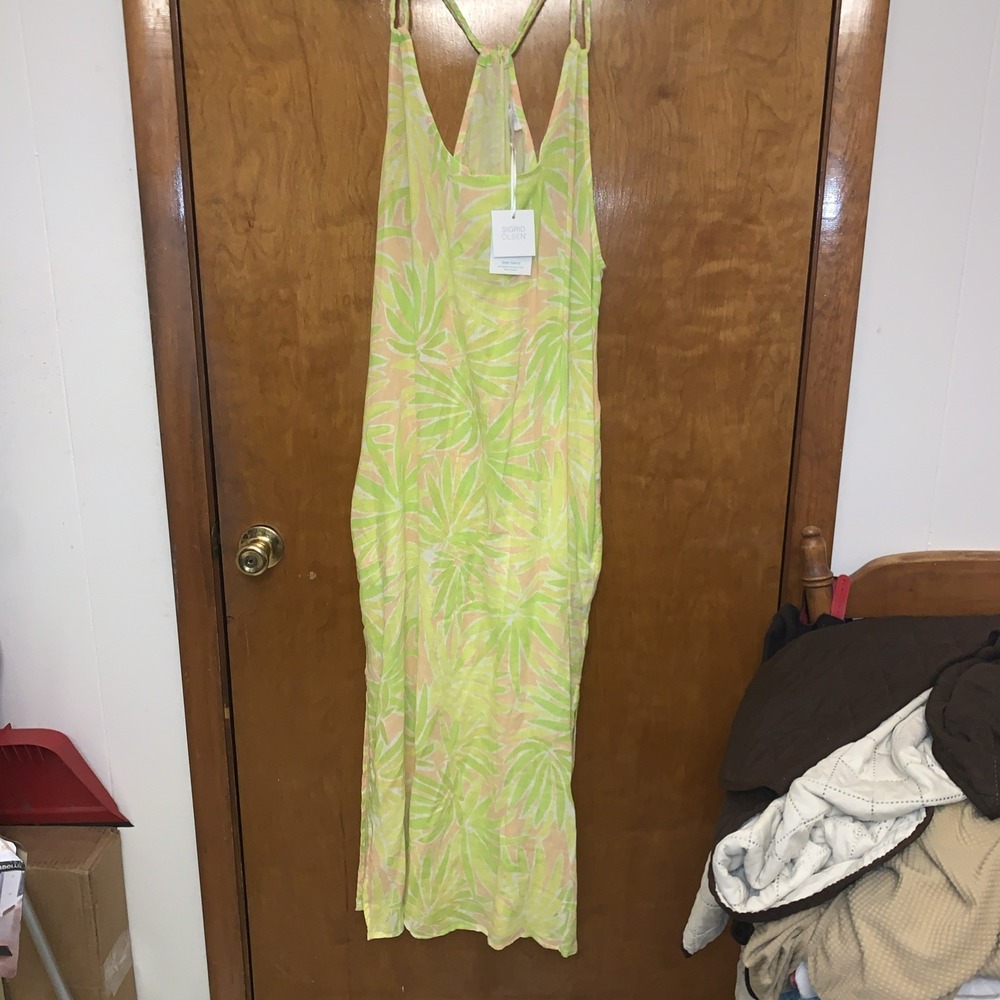 Sigrid Olsen Women's Linin Blend Maxi Dress Sz L  Grn & Tan Floral Sleeveless